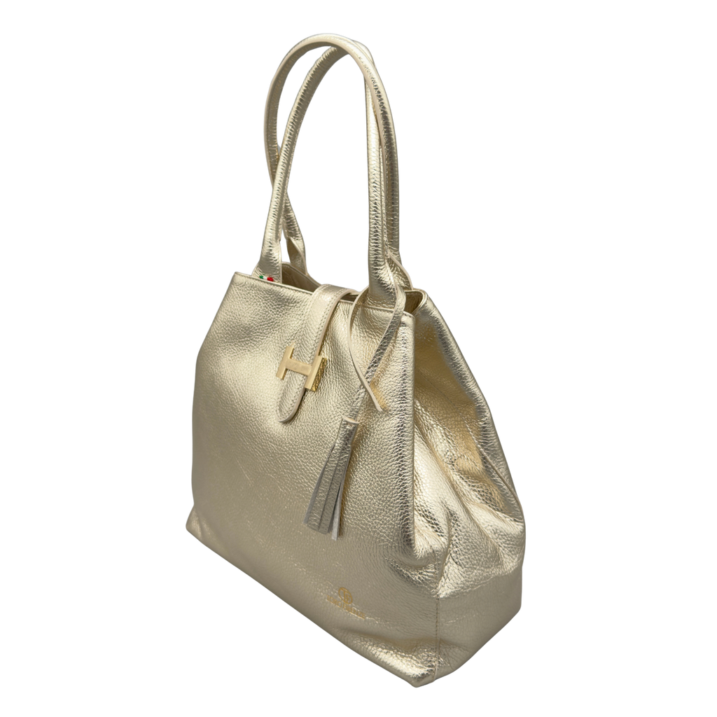 Borsa H Grande in Pelle Martellata con Dettaglio Dorato — Modello 2026