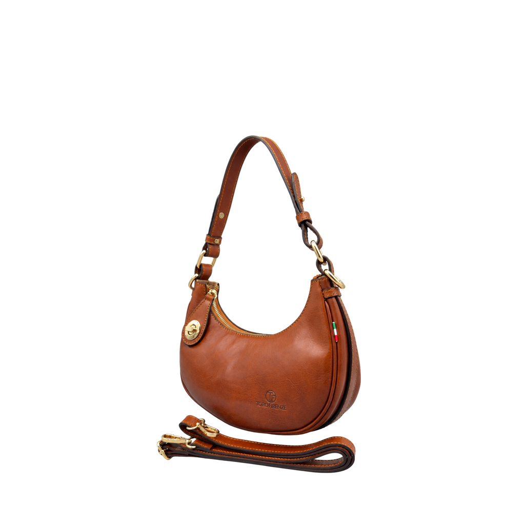 Borsa a Mano Piccola Mezza Luna Vachetta in Pelle con Doppia Tracolla — Modello 2026