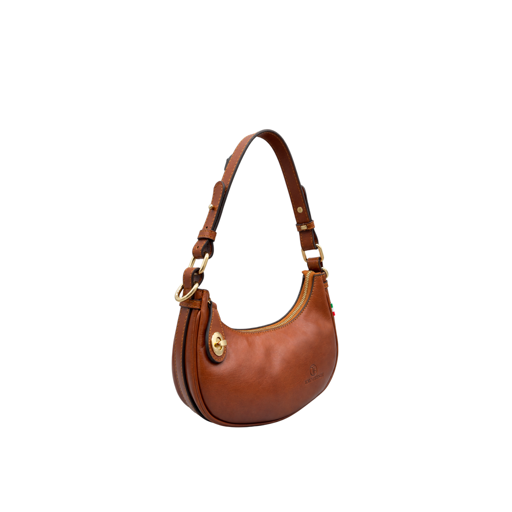 Borsa a Mano Piccola Mezza Luna Vachetta in Pelle con Doppia Tracolla — Modello 2026